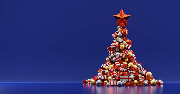 istock Christmas tree stack of gifts and presents on blue 1352052828