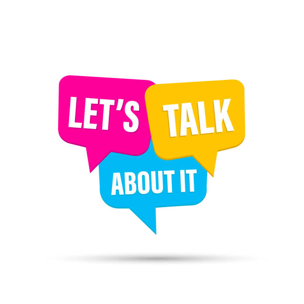 bildbanksillustrationer, clip art samt tecknat material och ikoner med let's talk about it speech bubble banner. can be used for business, marketing and advertising. vector eps 10. isolated on white background - opinion
