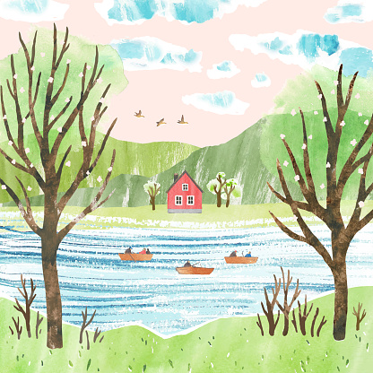 Spring fishing. Watercolor cute vector landscape with fishermen on boats, trees, house and mountains. Fishing in the river. Illustration for poster, postcard, banner. All elements, textures are individual objects