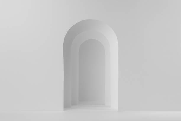 istock Futuristic abstract white stage mockup with soft light arch for presentation cosmetic product or goods, design, advertising in simple geometric minimalist style. 1352055669