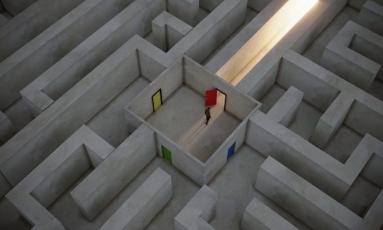 Businessman looking for the right way between the multi colored doors to leave the maze. ( 3d render )