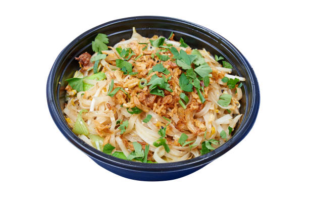 Delivery round box with pad thai noodles.