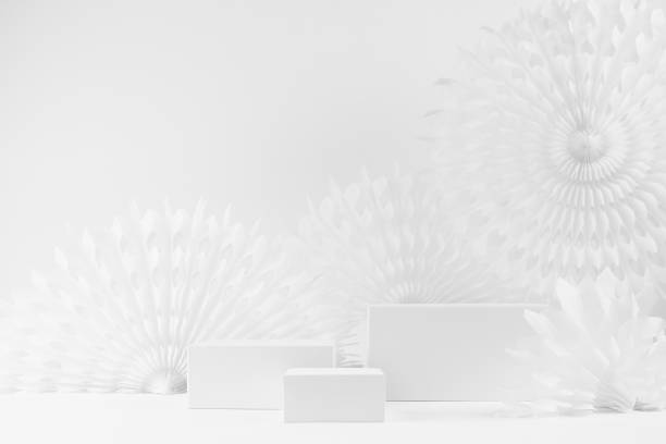 Elegant soft light white stage with three different size rectangle podiums in minimal modern fashion style with carved round paper fans, mockup for presentation cosmetic product, advertising, design. elegante escenario blanco claro suave con tres podios rectangulares de diferentes tamaños en estilo de moda moderna minimalista con ventiladores de papel redondo tallado, maqueta para presentación de productos cosméticos, publicidad, diseño.