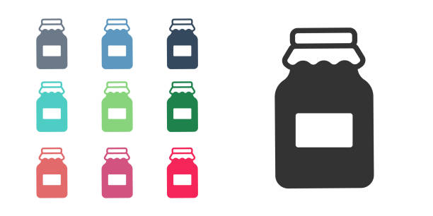 흰색 배경에 고립 된 꿀 아이콘의 검은 항아리. 푸드 뱅크. 달콤한 천연 식품 기호. 다채로운 아이콘을 설정합니다. 벡터 - syrup jar sticky isolated objects stock illustrations