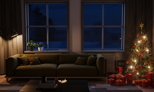 Modern living room with christmas tree and presents with snowy winter scene, night scene. ( 3d render)
