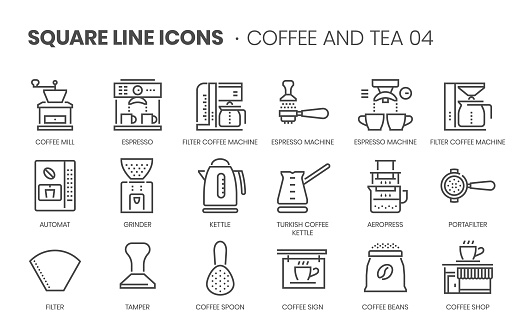Coffee and tea 04 related, pixel perfect, editable stroke, up scalable square line vector icon set.