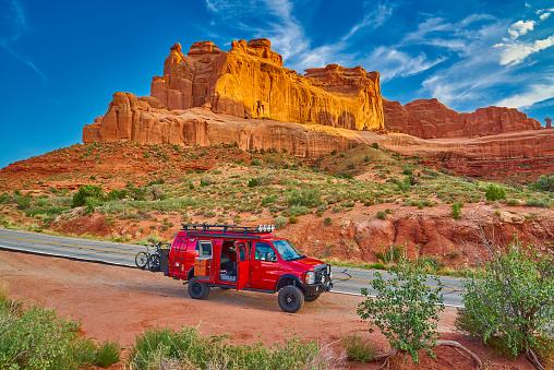 July 13, 2015 Arches National Park, UT USA Traveling in campervan is a great way to explore the West.