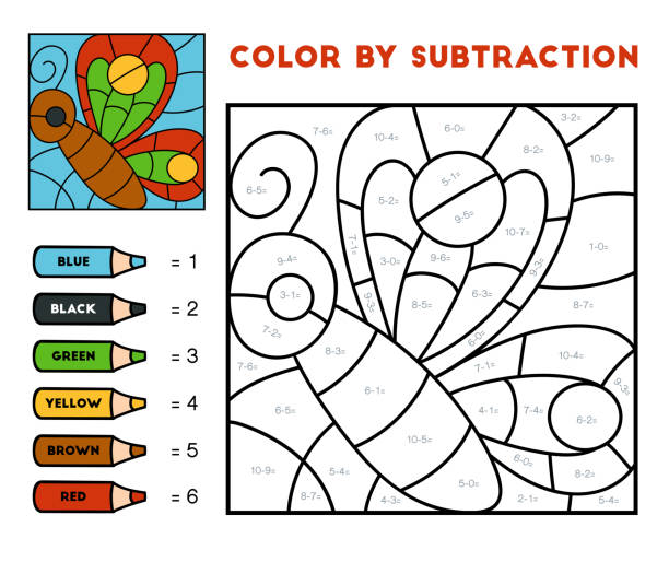 farbe durch subtraktion, erziehungsspiel für kinder, schmetterling - 11892 stock-grafiken, -clipart, -cartoons und -symbole