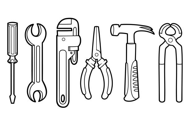 schwarz-weiß instrumentenset - hammer, schraubenschlüssel, schraubendreher, zange, zange - verstellbarer schraubenschlüssel stock-grafiken, -clipart, -cartoons und -symbole