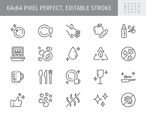 Dish wash line icons. Vector illustration include icon - disinfect, biodegradable detergent, skin gentle, dishwasher soap outline pictogram for tableware cleaning. 64x64 Pixel Perfect, Editable Stroke