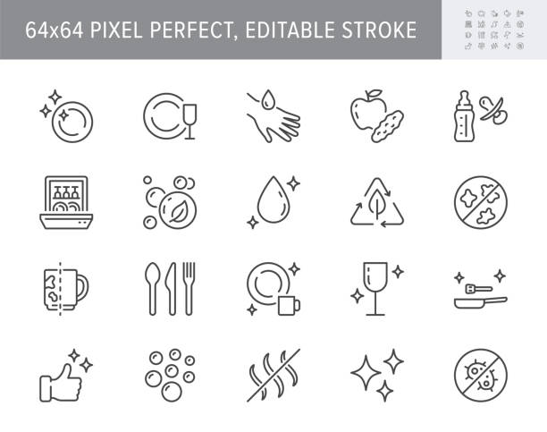 Dish wash line icons. Vector illustration include icon - disinfect, biodegradable detergent, skin gentle, dishwasher soap outline pictogram for tableware cleaning. 64x64 Pixel Perfect Editable Stroke Dish wash line icons. Vector illustration include icon - disinfect, biodegradable detergent, skin gentle, dishwasher soap outline pictogram for tableware cleaning. 64x64 Pixel Perfect, Editable Stroke dishwasher stock illustrations