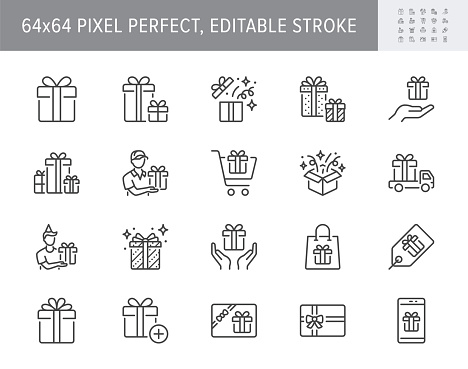 Gifts line icons. Vector illustration include icon - box, present card, package, price tag, birthday, shop, coupon, surprise outline pictogram for christmas. 64x64 Pixel Perfect, Editable Stroke.