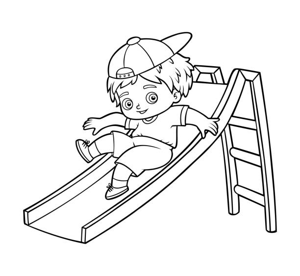 Coloring book for kids, Boy riding a slide on the playground Coloring book for children, Boy riding a slide on the playground 11904 stock illustrations