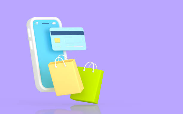 istock Mobile phone, credit card and paper bags 3D render 1352065807