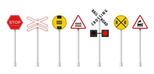 Vector illustration of Modern railway signs set realistic vector illustration warning symbols railroad traffic light