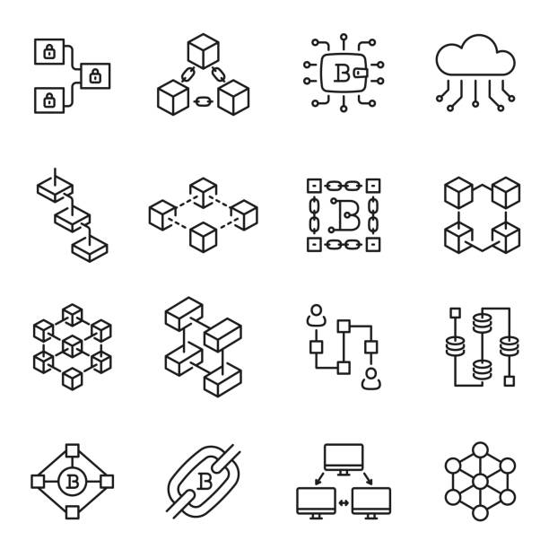 ilustraciones, imágenes clip art, dibujos animados e iconos de stock de icono de línea de tecnología de cadena de bloques monocromática conjunto de ilustraciones vectoriales innovación datos del ciberespacio - bundle