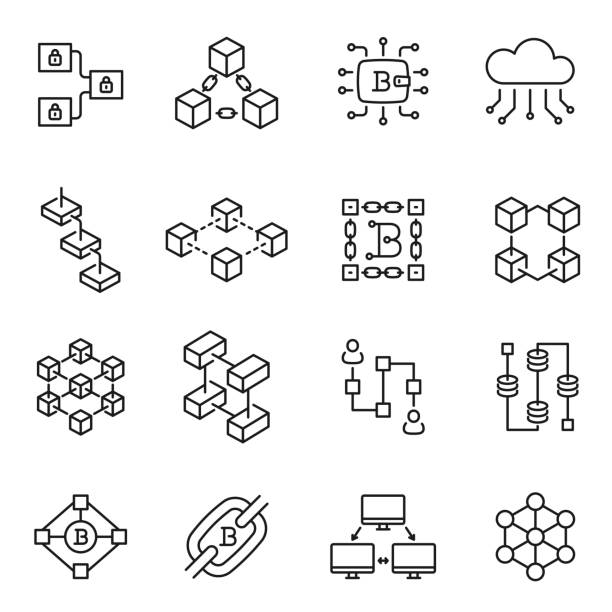 ilustrações de stock, clip art, desenhos animados e ícones de monochrome block chain technology line icon set vector illustration innovation cyberspace data - bundle