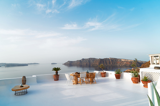 cafe table with caldera view, beautiful details of Santorini island