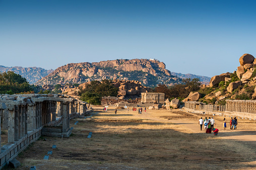 Hampi, Karnataka, India - January 13, 2020 : Ancient Vijayanagara Empire civilization ruins of Hampi Beautiful view of the amazing Hampi's ruins. Hampi, is a UNESCO World Heritage Site, Hampi, Karnataka, India