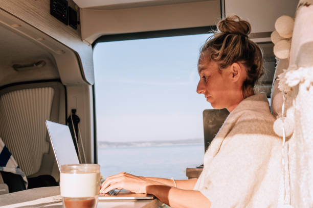 istock Woman working online from her Campervan 1352070861