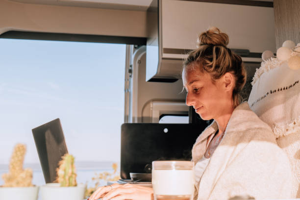 istock Woman working online from her Campervan 1352070962