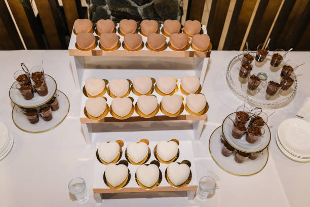 istock Table with sweets, candies, dessert. Candy Bar. Delicious reception. Top view. 1352071176