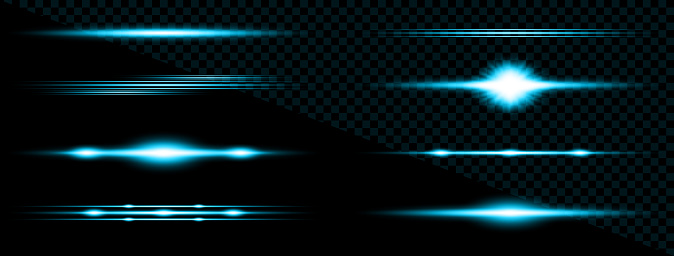 Set of horizontal lens flares. Blue neon light stripes with flashes and sparkles on transparent background. Light effect lines or beams. Vector illustration.