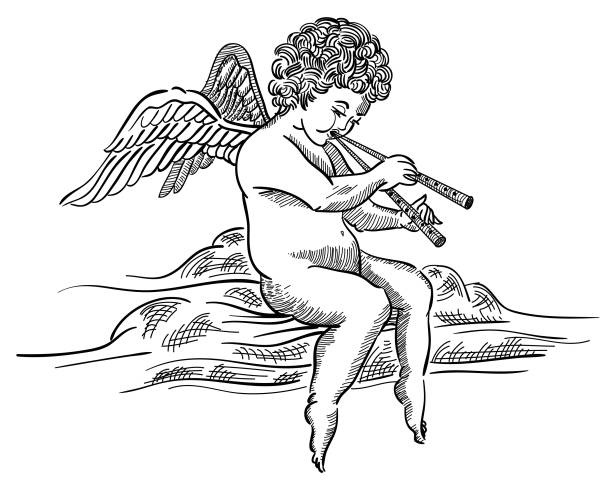 engraved angel musician on cloud Engraved angel musician on cloud, engraved illustration in Victorian vintage retro style isolated on white angel wings drawing stock illustrations
