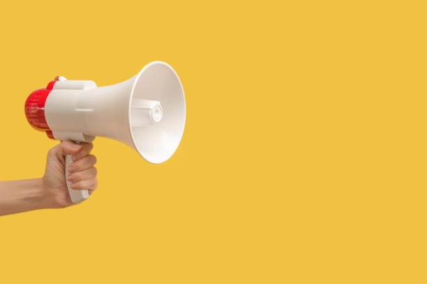 istock Megaphone in woman hands on a yellow background. 1352074424