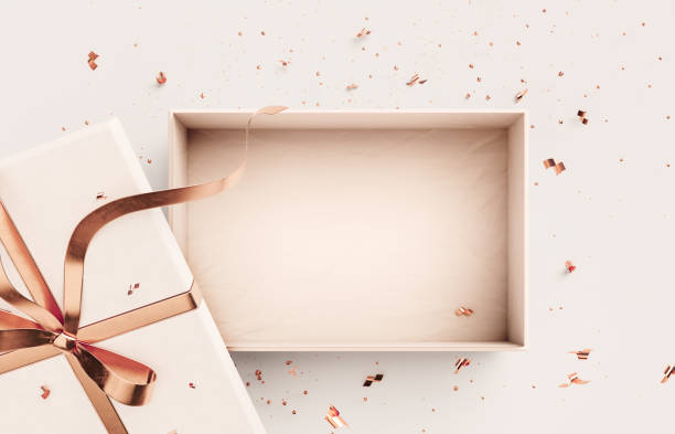 흰색 배경에 복사 공간이 있는 선물 상자 열기 - 선물 상자 뉴스 사진 이미지