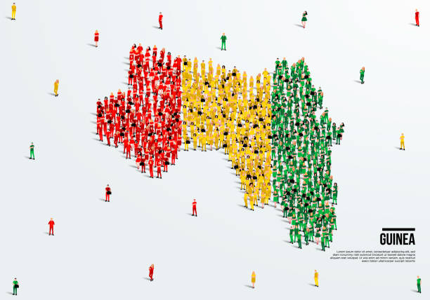 istock Guinea Map and Flag. A large group of people in the Guinea flag color form to create the map. Vector Illustration. 1352076007