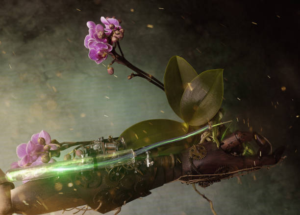 istock Steampunk bionic arm with wheels and filter for the orchid plant 1352077506