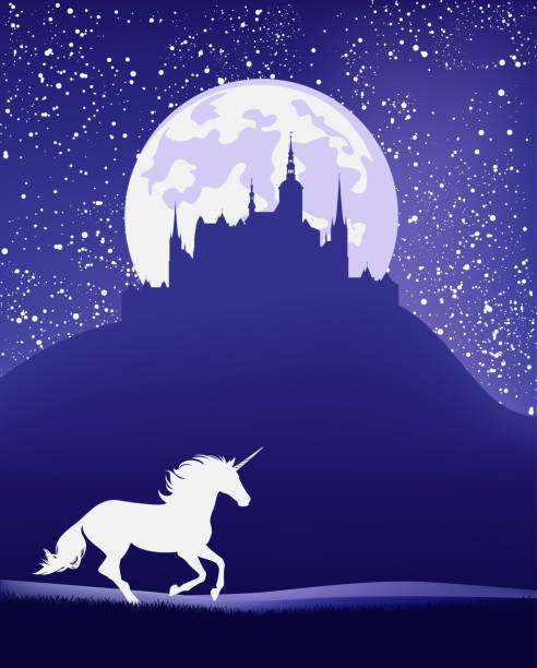 ilustrações de stock, clip art, desenhos animados e ícones de vector silhouette outline of fairy tale unicorn horse, magic castle and full moon night landscape - night running