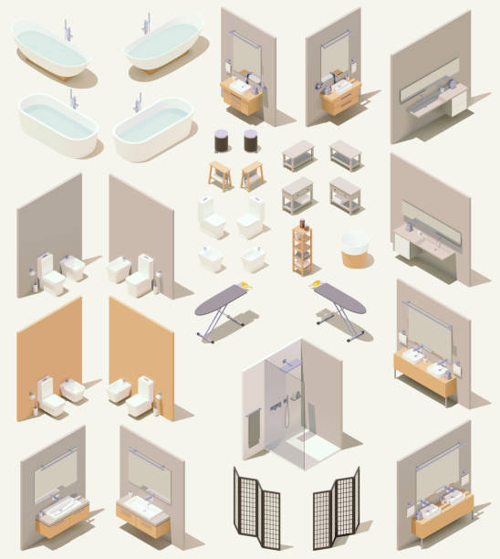 Vector isometric bathroom furniture and plumbing fixtures Vector isometric bathroom furniture and plumbing fixtures. Bathroom equipment and sanitary hardware. Bathtub, toilet, washbasin, faucet, shower, sink vanity mirror stock illustrations