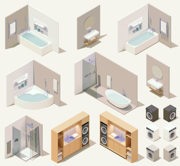 ilustrações, clipart, desenhos animados e ícones de móveis de banheiro isométrico vetorial e luminárias de encanamento - sink toilet bathtub installing