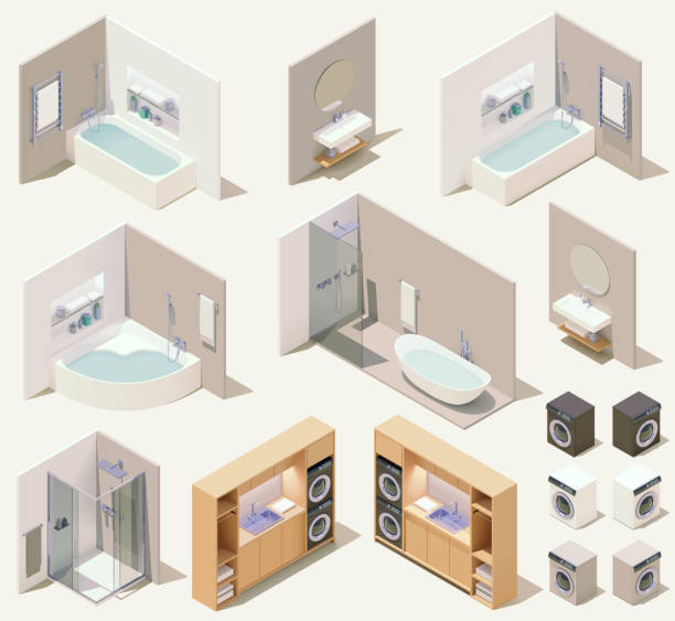 Vector isometric bathroom furniture and plumbing fixtures Vector isometric bathroom furniture and plumbing fixtures. Bathroom equipment and sanitary hardware. Bathtub, toilet, washbasin, faucet, shower, sink vanity mirror stock illustrations