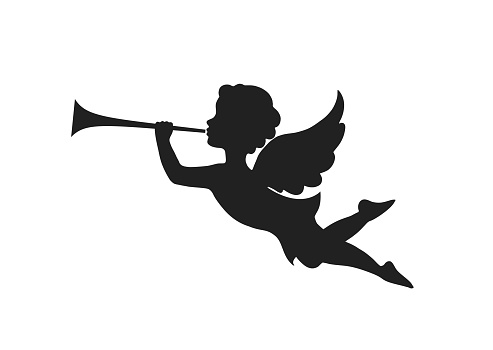 angel in flight blowing trumpet. christmas symbol. isolated vector silhouette image