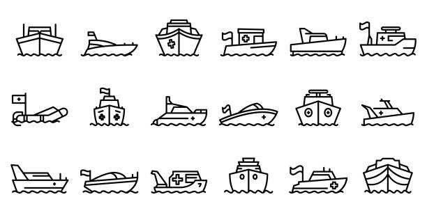 rettungsboot-icons gesetzt, umrissstil - schlauchboot stock-grafiken, -clipart, -cartoons und -symbole