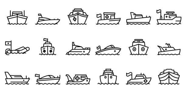 Vector illustration of Rescue boat icons set, outline style