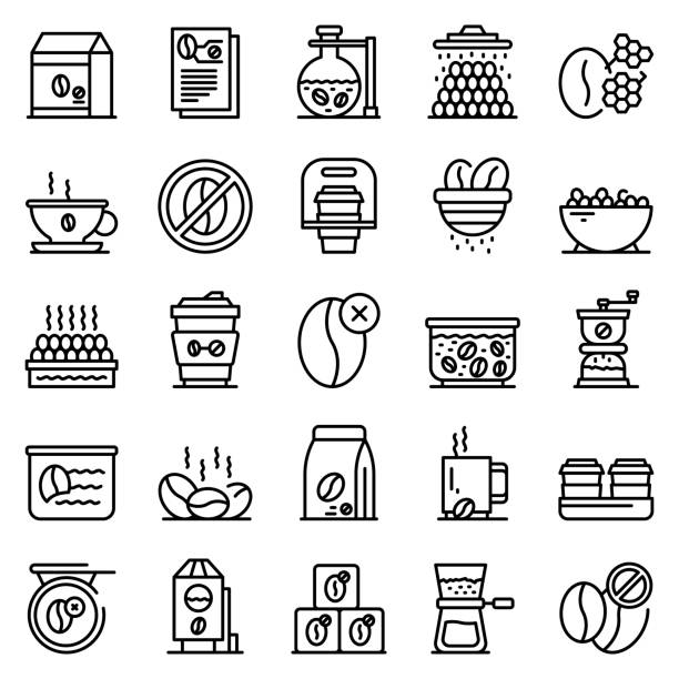 ilustrações de stock, clip art, desenhos animados e ícones de decaffeinated coffee icons set, outline style - caffeine free