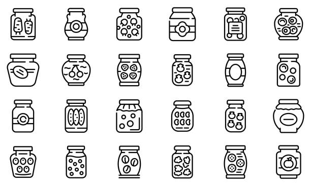 icons für eingelegte produkte gesetzt, umrissstil - einmachglas stock-grafiken, -clipart, -cartoons und -symbole