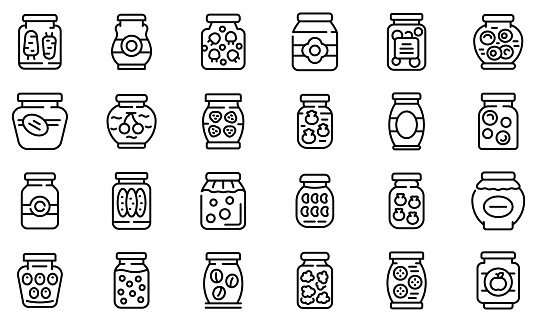 Pickled products icons set. Outline set of pickled products vector icons for web design isolated on white background