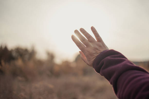 istock Female hand reaches for bright sunlight during sunset 1352080120