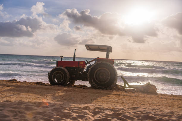 istock Red Tractor cleaning up Seaweed on Beach 1352080123