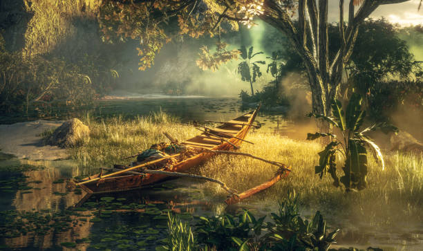 un concepto de paisajes prehistóricos con barcos nativos, bosques prístinos y viajes aventureros. renderizado 3d. - spring forest scenics wetland fotografías e imágenes de stock