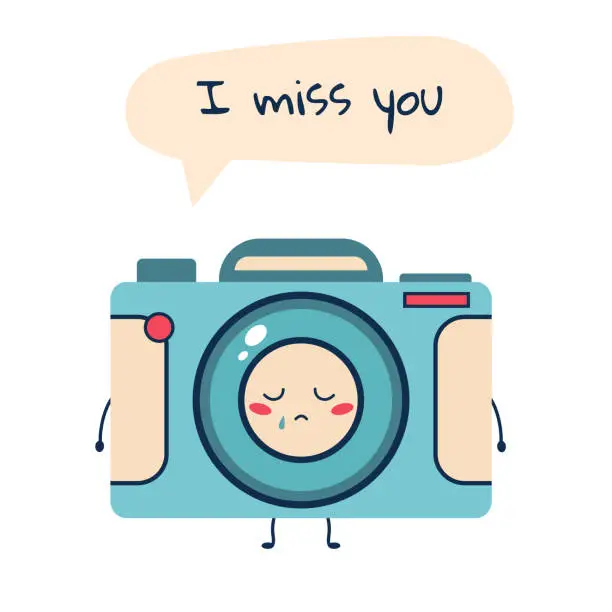 Vector illustration of Cute character photo camera. Sad camera says I miss you. Flat vector illustration.