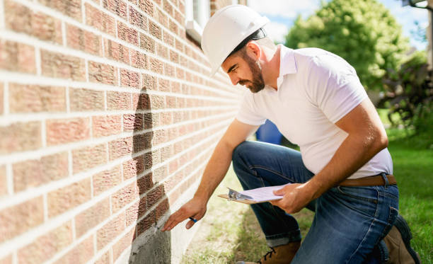 man with a white hard hat holding a clipboard, inspect house stock photo