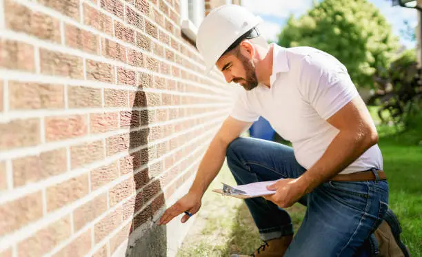 Photo of man with a white hard hat holding a clipboard, inspect house