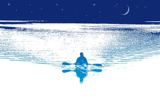 Vector illustration of Kayaking by moonlight