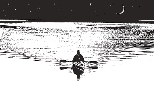 Vector illustration of a mid adult African American Man kayaking by moonlight